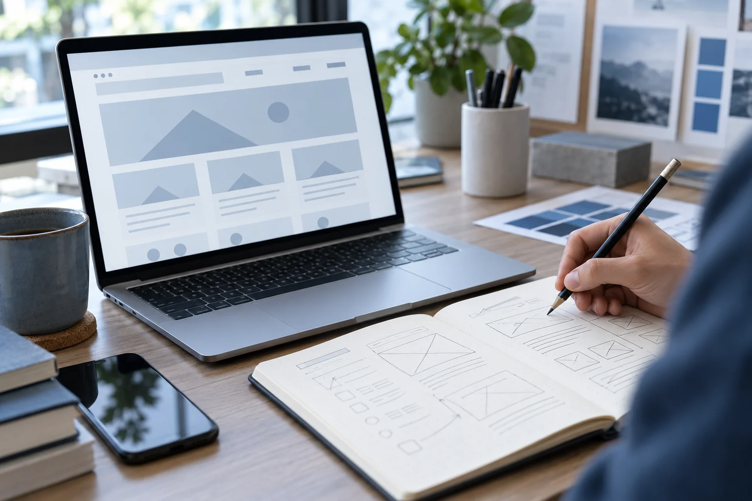 A creative workspace with website sketches and a laptop