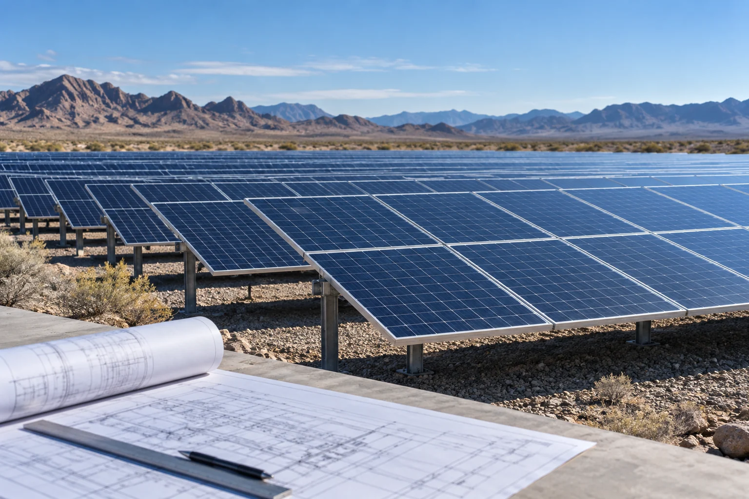Solar modules and design drawings in an Arizona-inspired desert setting